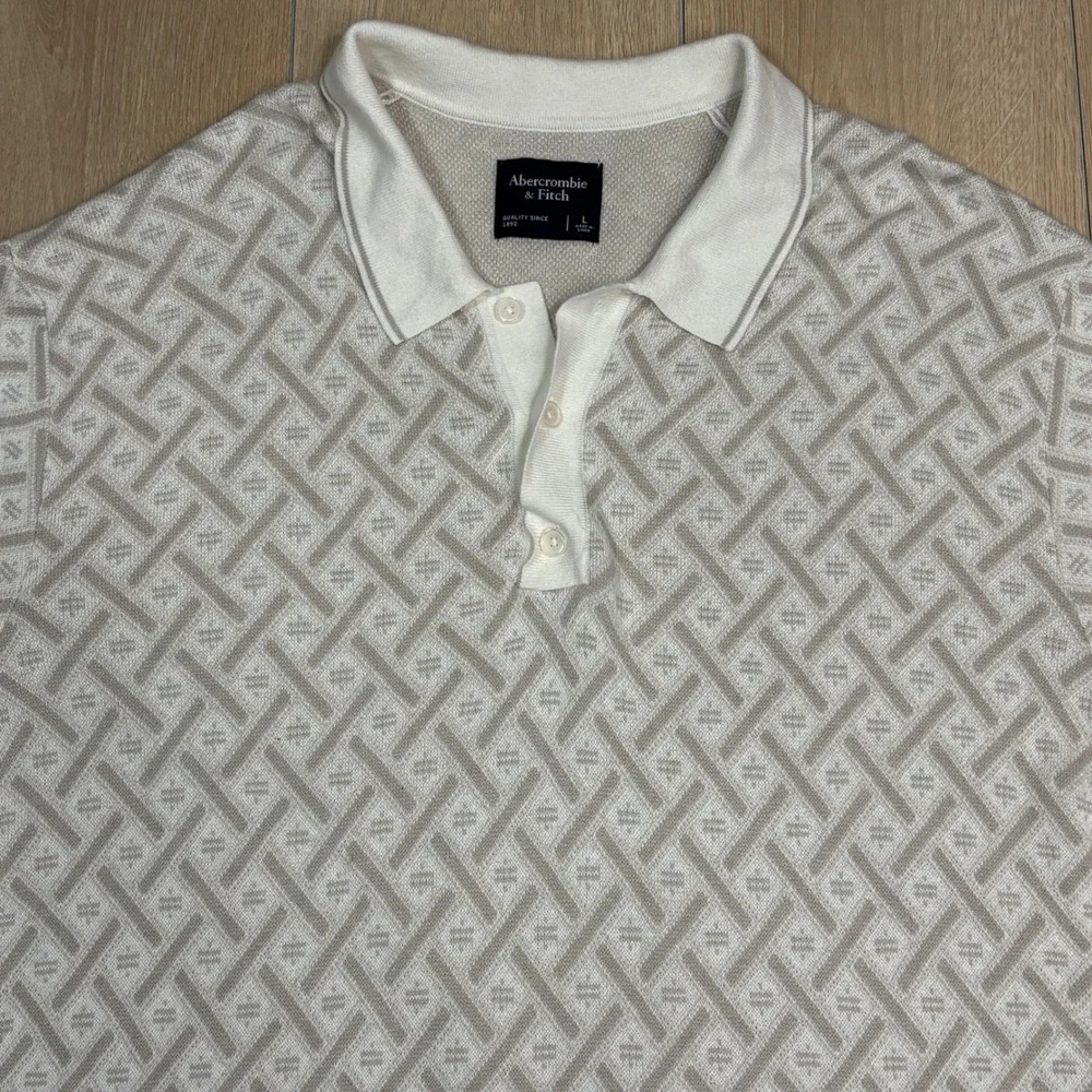 Abercrombie & Fitch Mens Large Geometric Knit Sweater Polo Shirt Cream Tan L